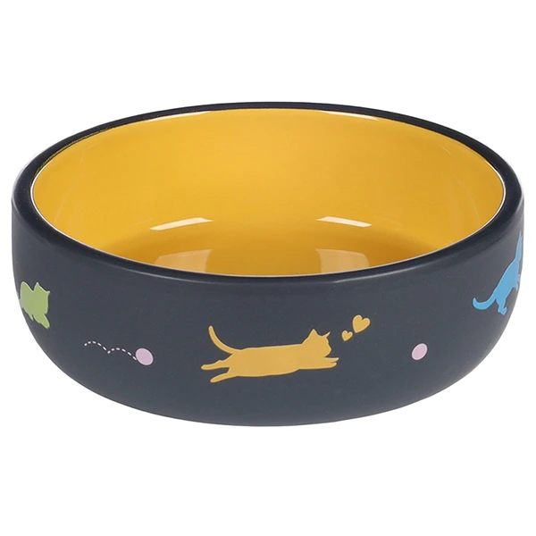Миска для котів Flamingo Rani Round, керамічна, Темно-сірий - жовтий, 0.38 л