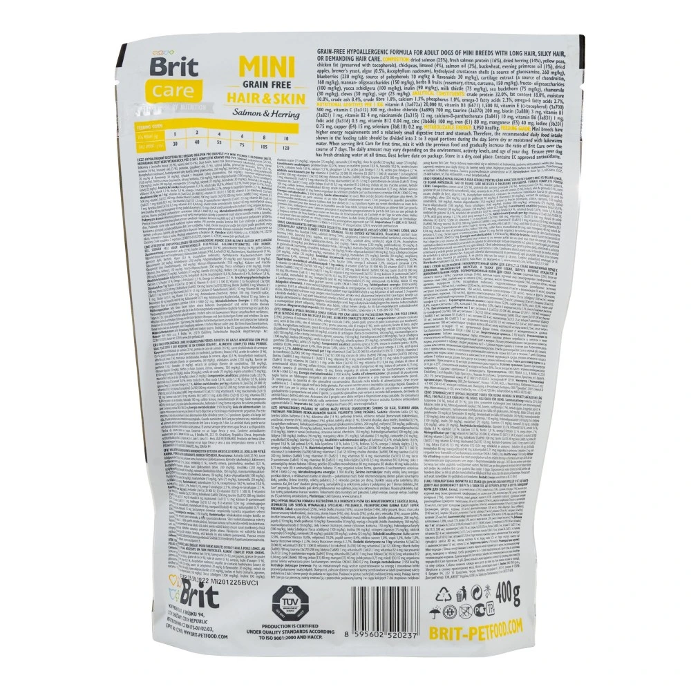 Корм сухий Brit Care Grain Free Mini Hair Skin для собак мніатюрних порід для шкіри та шерсті з лососем та оселедцем 400 г