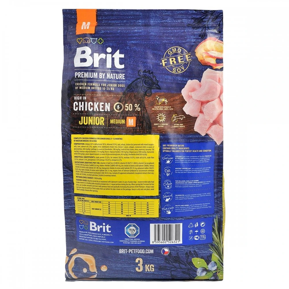 Корм сухий Brit Premium Dog Junior M для цуценят та молодих собак середніх порід від 1 до 12 місяців вагою 10-25 кг з куркою