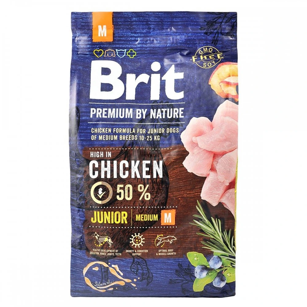 Корм сухий Brit Premium Dog Junior M для цуценят та молодих собак середніх порід від 1 до 12 місяців вагою 10-25 кг з куркою