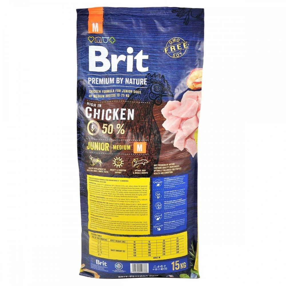 Корм сухий Brit Premium Dog Junior M для цуценят та молодих собак середніх порід від 1 до 12 місяців вагою 10-25 кг з куркою