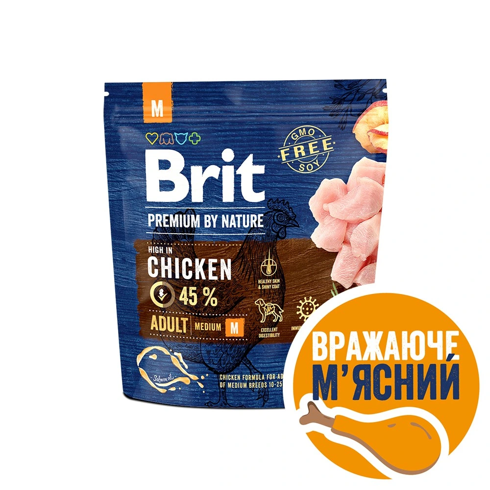 Корм сухий Brit Premium Dog Adult M для дорослих собак середніх порід вагою 10-25 кг з куркою 1 кг