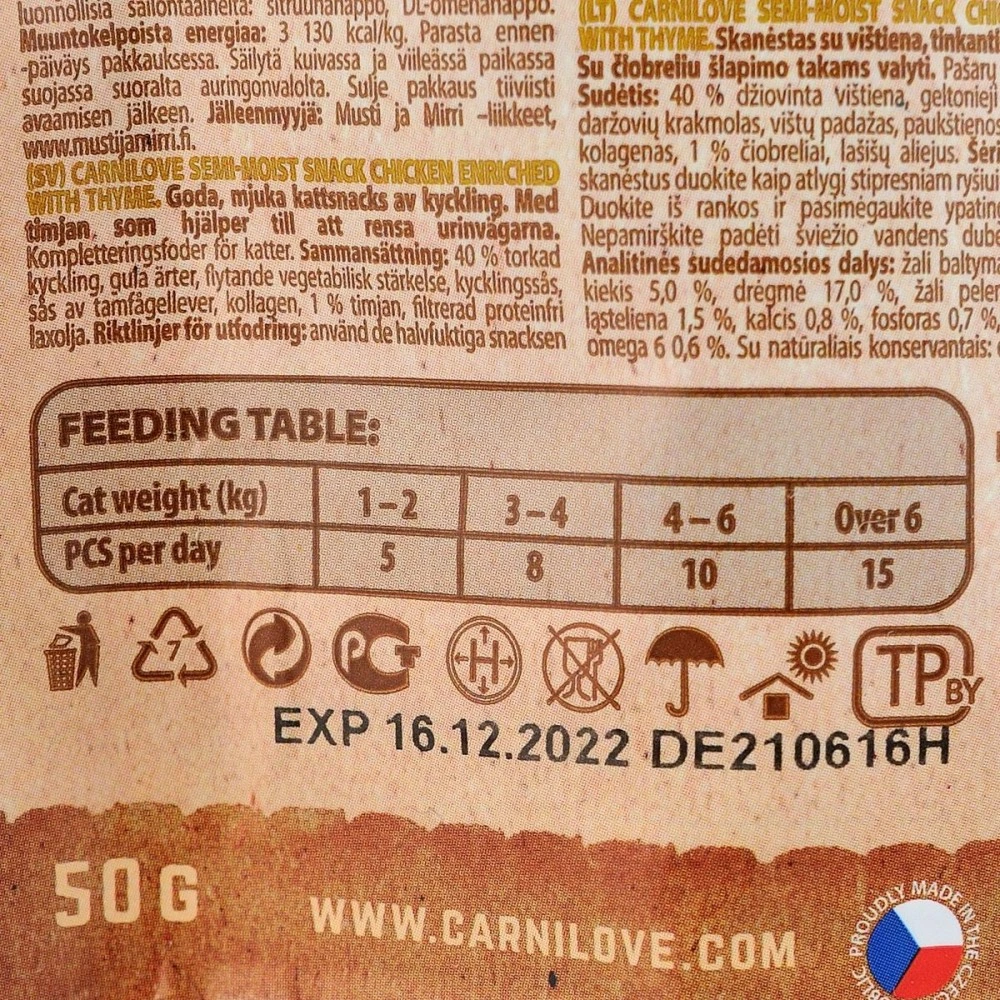 Ласощі Carnilove Cat Semi Moist Snack Chicken with Thyme для котів для здоров я сечовивідних шляхів з куркою та чебрецем 50