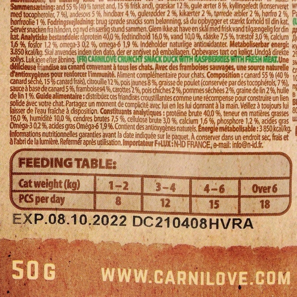 Ласощі Carnilove Cat Crunchy Snack Duck with Raspberries для котів для міцного імунітету з качкою та малиною 50 г