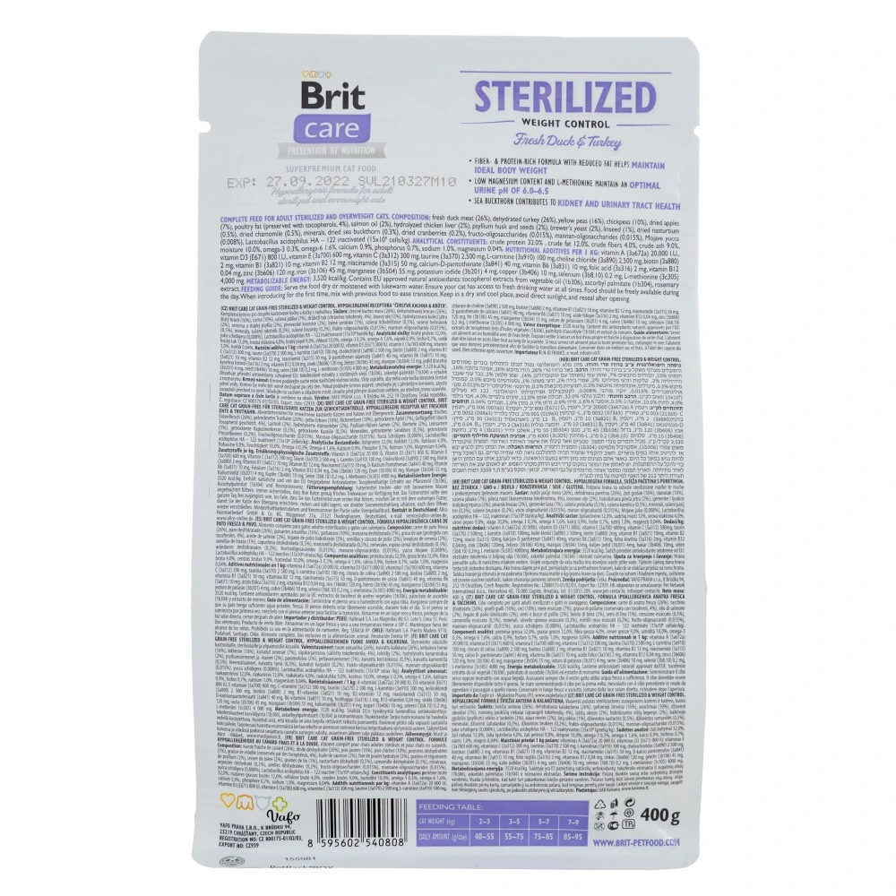 Корм сухий Brit Care Cat Grain Free Sterilized Weight Control для стерилізованих котів з надмірною вагою качка та індичка 0.4кг