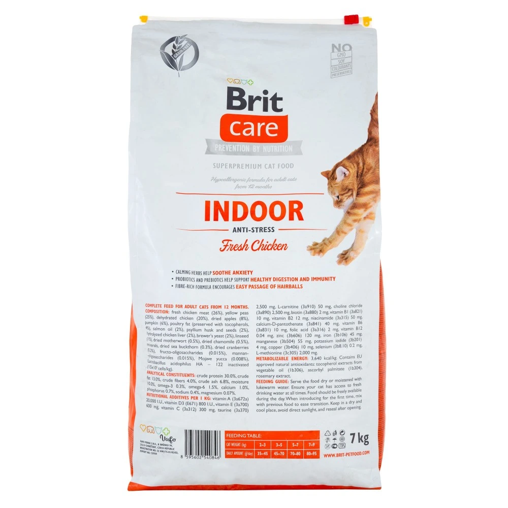 Корм сухий Brit Care Cat Grain Free Indoor Anti-stress для дорослих домашніх котів гіпоалергенний з куркою 7 кг