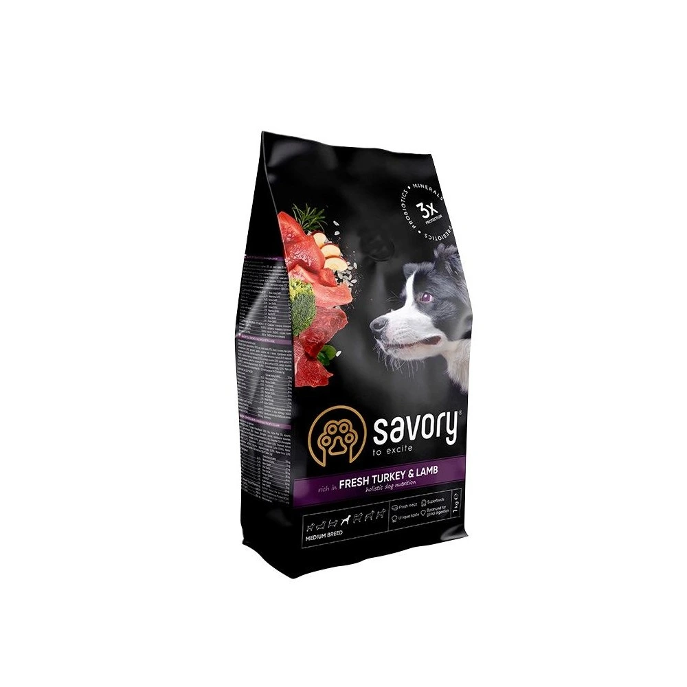 Сухой корм Savory Medium Breed rich in Fresh Turkey and Lamb для взрослых собак средних пород от 10 до 25 кг со свежим ягненком и индейкой