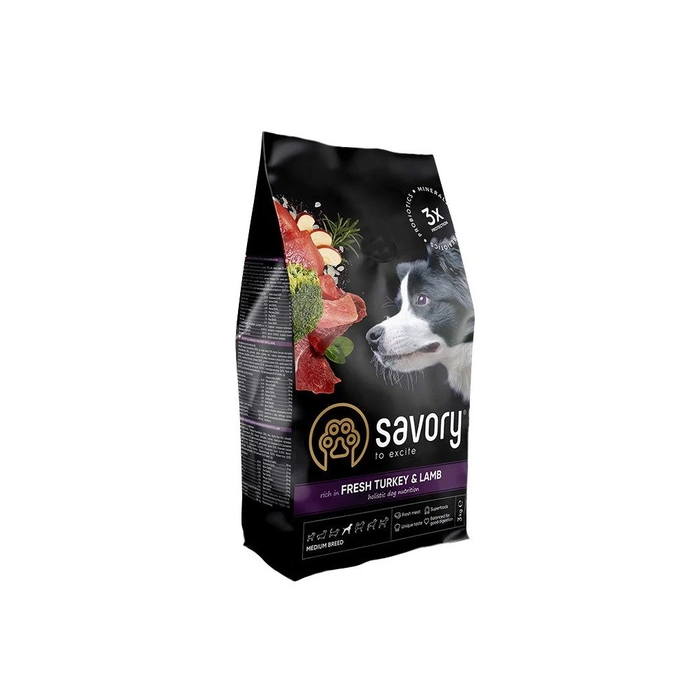 Сухой корм Savory Medium Breed rich in Fresh Turkey and Lamb для взрослых собак средних пород от 10 до 25 кг со свежим ягненком и индейкой