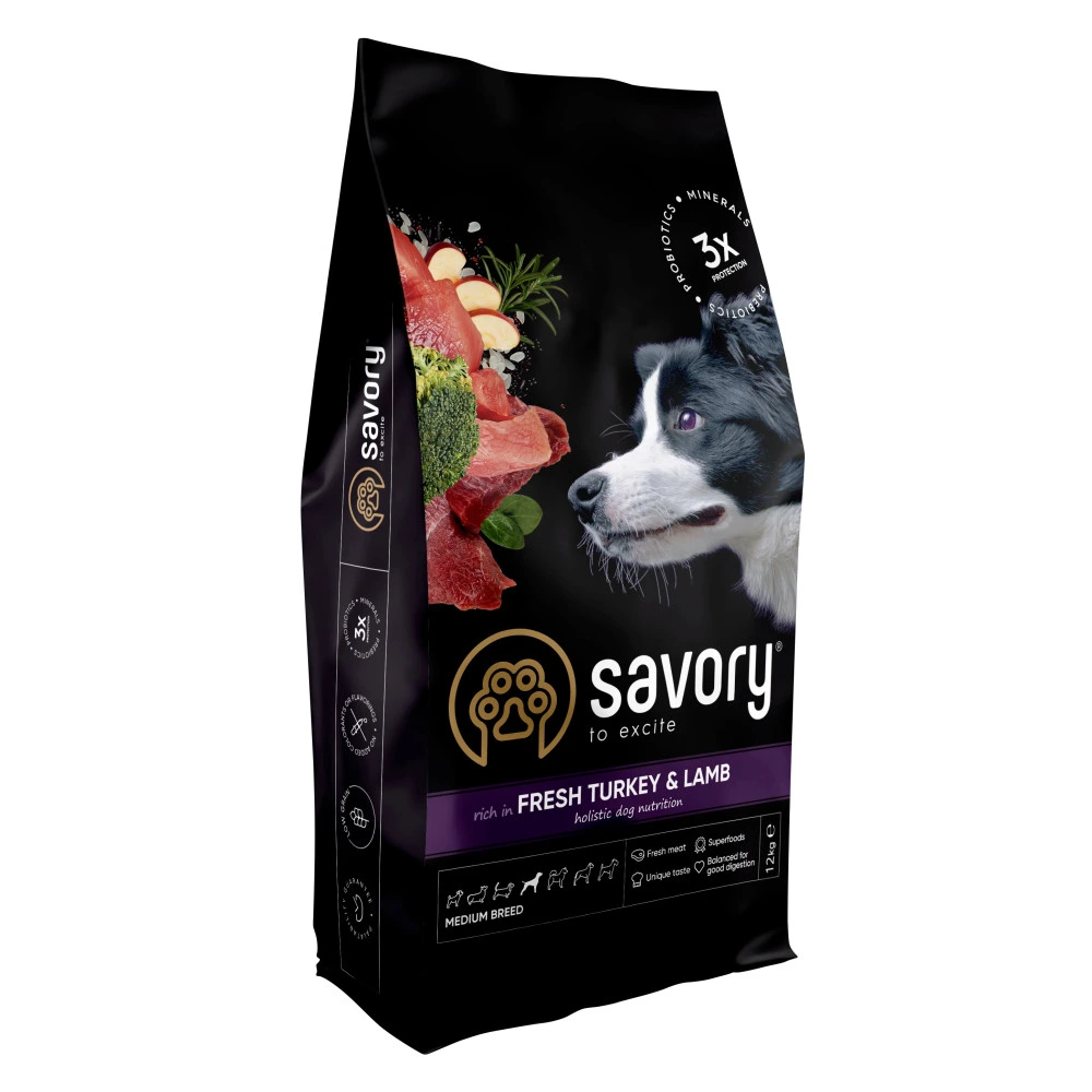 Сухой корм Savory Medium Breed rich in Fresh Turkey and Lamb для взрослых собак средних пород от 10 до 25 кг со свежим ягненком и индейкой