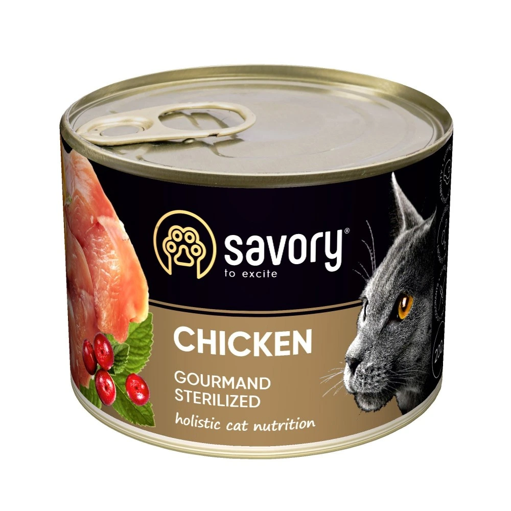 Корм вологий Savory Cat Can Adult Sterilised консерви для стерилізованих котів з куркою 200 г
