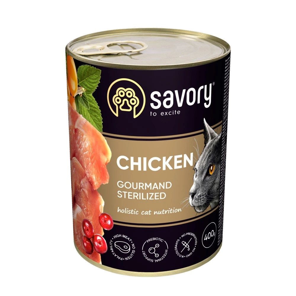 Корм вологий Savory Cat Can Adult Sterilised консерви для стерилізованих котів з куркою 400 г