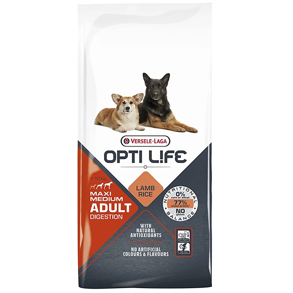 Корм для собак Opti Life Adult Digestion, Ягненок, для чувствительного пищеварения, для средних и крупных пород, 12.5 кг