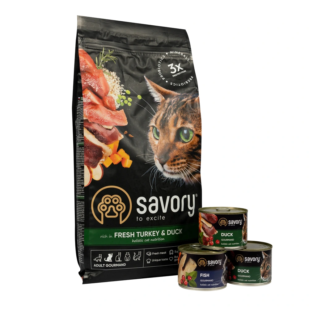 Набор корма для кошек Savory Беззерновой для чувствительного пищеварения, Утка 2кг + консервы 600г