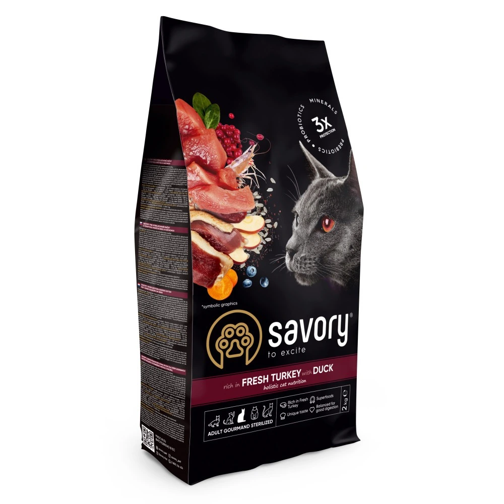 Корм сухий Savory Adult Cat Steril Fresh Turkey with Duck для стерилізованих котів з індичкою та качкою 2 кг