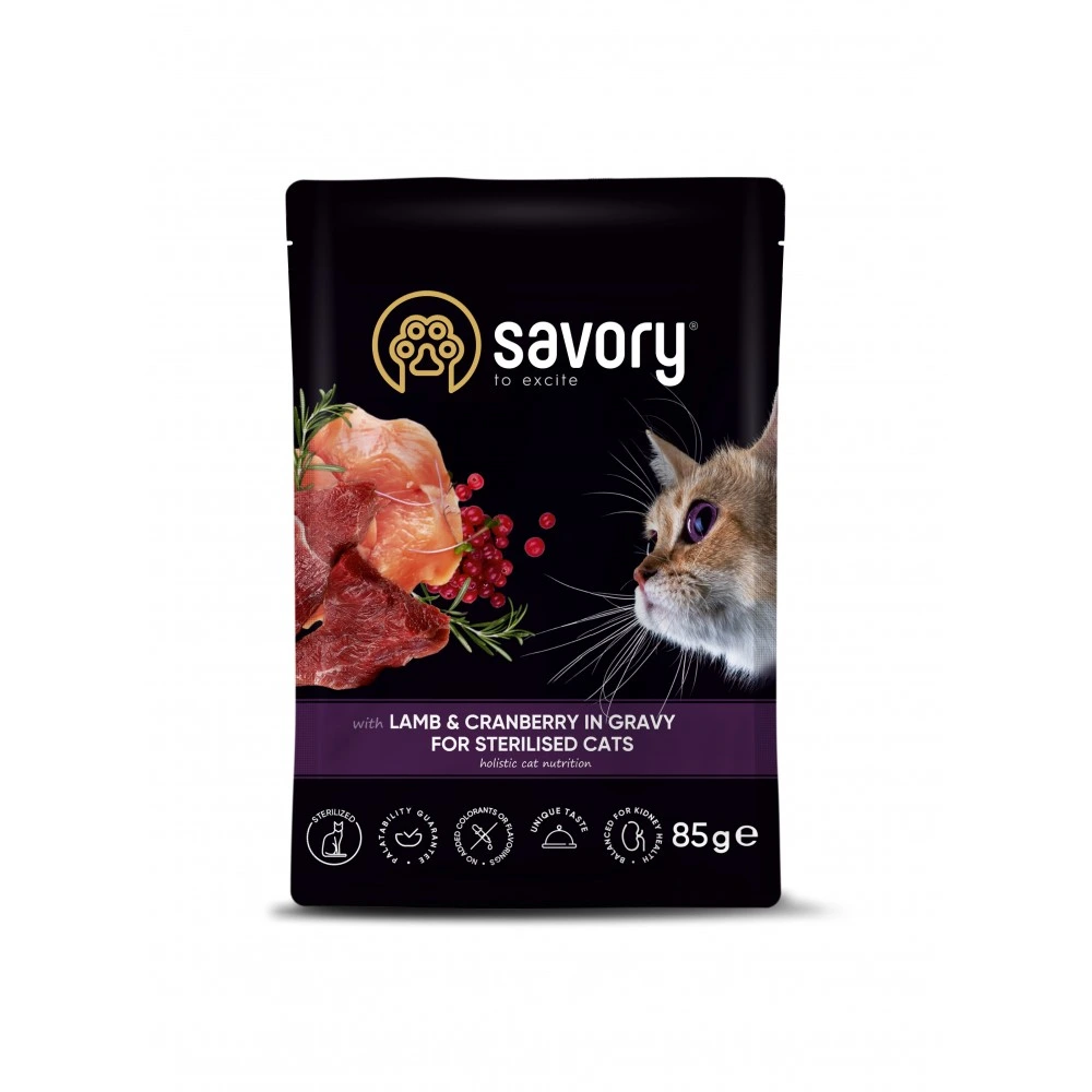 Корм влажный Savory Sterilised Cat Pouch Lamb and Cranberry in Gravy для стерилизованных кошек с ягненком и клюквой в соусе