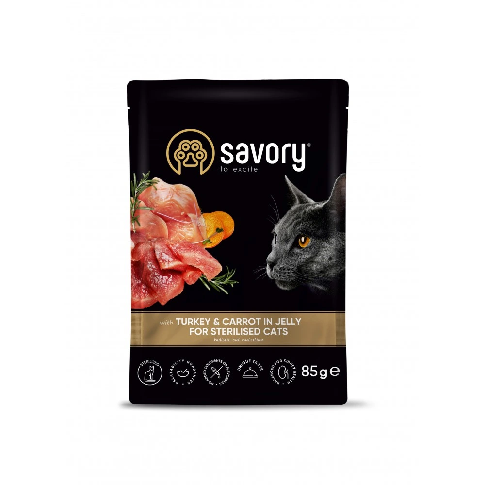 Корм влажный Savory Sterilised Cat Pouch Turkey and Carrot in Jelly для стерилизованных кошек с индейкой и морковью в желе 85