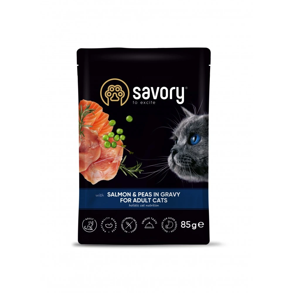 Корм влажный Savory Adult Cat Pouch Salmon and Peas in Gravy для взрослых кошек с лососем и горошком в соусе 85 г