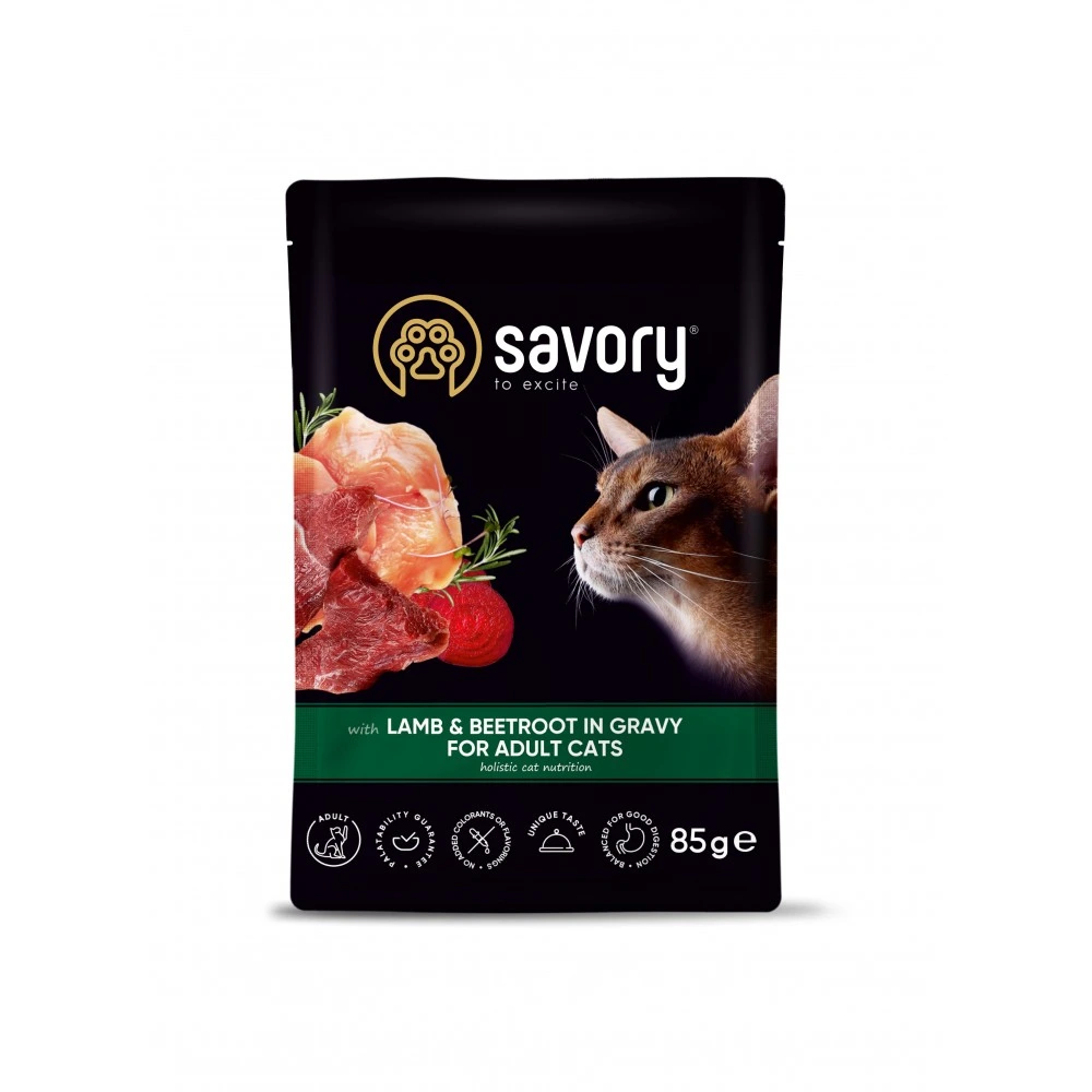 Корм влажный Savory Adult Cat Pouch Lamb and Beetroot in Gravy для взрослых кошек с ягненком и свеклой в соусе 85 г