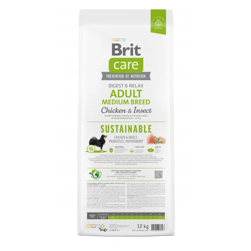 Корм сухий Brit Care Dog Sustainable Adult Medium Breed для дорослих собак середніх порід з куркою та комахами 12 кг