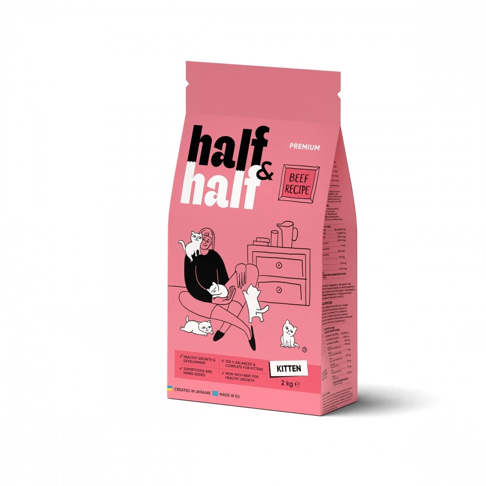 Корм сухий HalfHalf для кошенят з яловичиною 2 кг