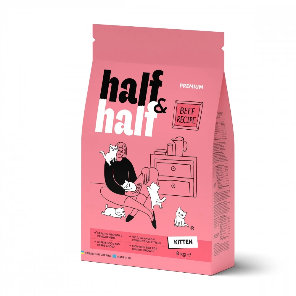 Корм сухий HalfHalf для кошенят з яловичиною 8 кг