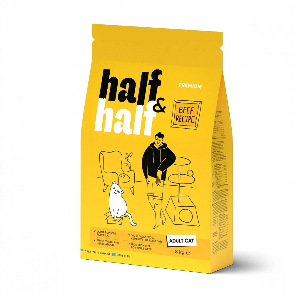 Корм сухий HalfHalf для дорослих котів із яловичиною 8 кг