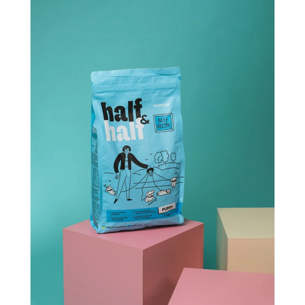 Корм сухий HalfHalf для цуценят усіх порід  із яловичиною 2 кг