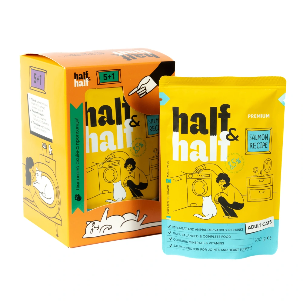 Набір паучів HalfHalf д/дорослих котів лосось/желе 5+1