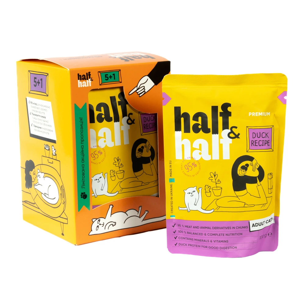 Набір паучів HalfHalf д/дорослих котів качка/соус 5+1