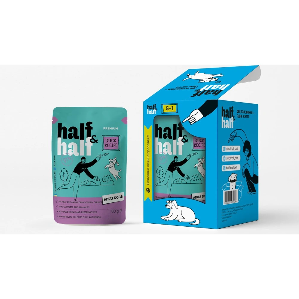 Набір вологих кормів Half&Half "5+1" Duck in Gravy for Adult Dogs для дорослих собак шматочки в соусі з качкою паучі 6 шт х
