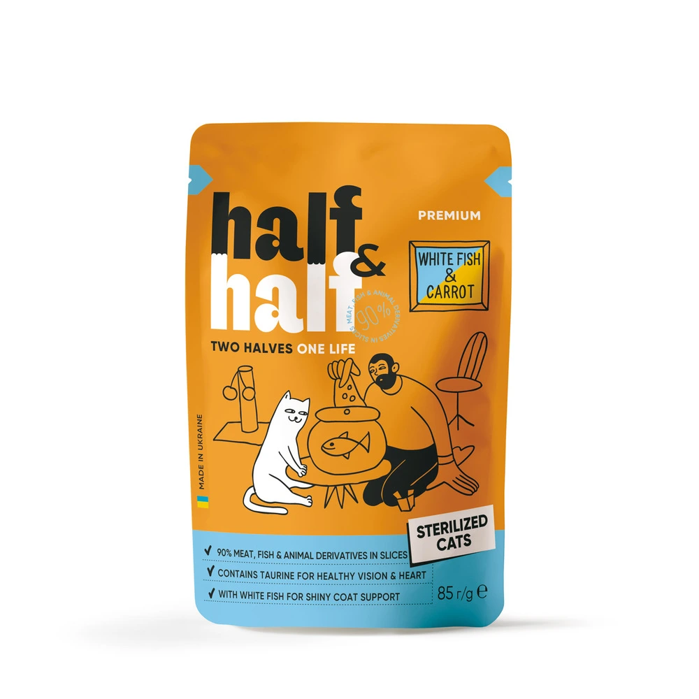 Корм вологий Half&Half для стерилізованих котів з білою рибою та морквою в соусі 85 г
