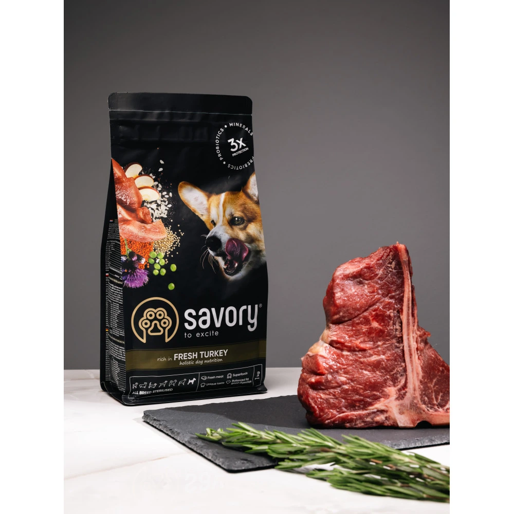 Корм сухий Savory All Breed Sterilised rich in Fresh Turkey для стерилізованих собак усіх порід зі свіжою індичкою 1 кг
