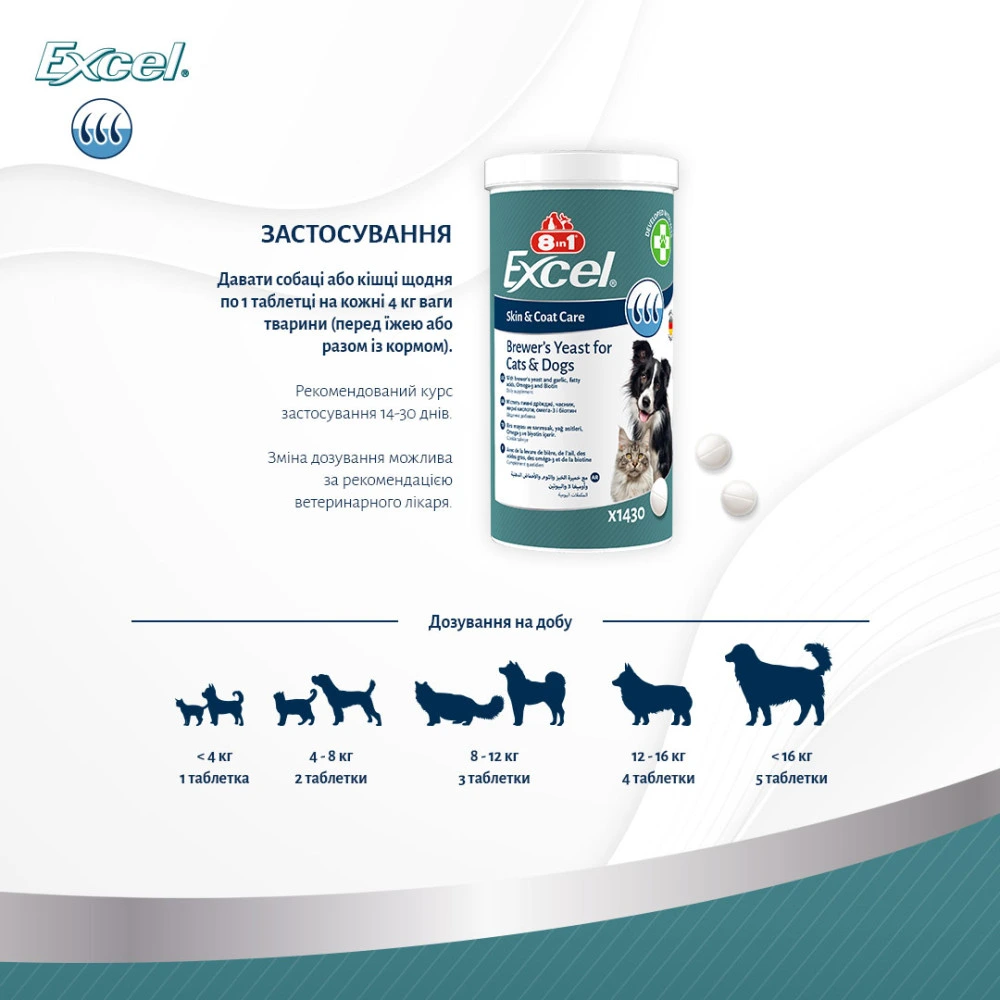 Вітаміни 8in1 Excel Brewers Yeast  для собак та котів  пивні дріжджі з часником для шкіри та шерсті 260 шт