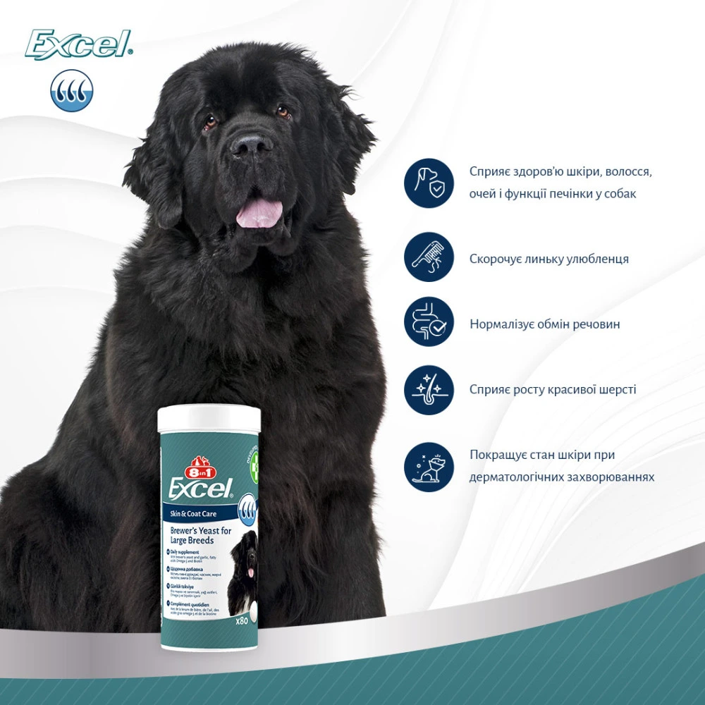 Вітаміни 8in1 Excel Brewers Yeast Large Breed для собак великих порід пивні дріжджі з часником для шкіри та шерсті 80 шт