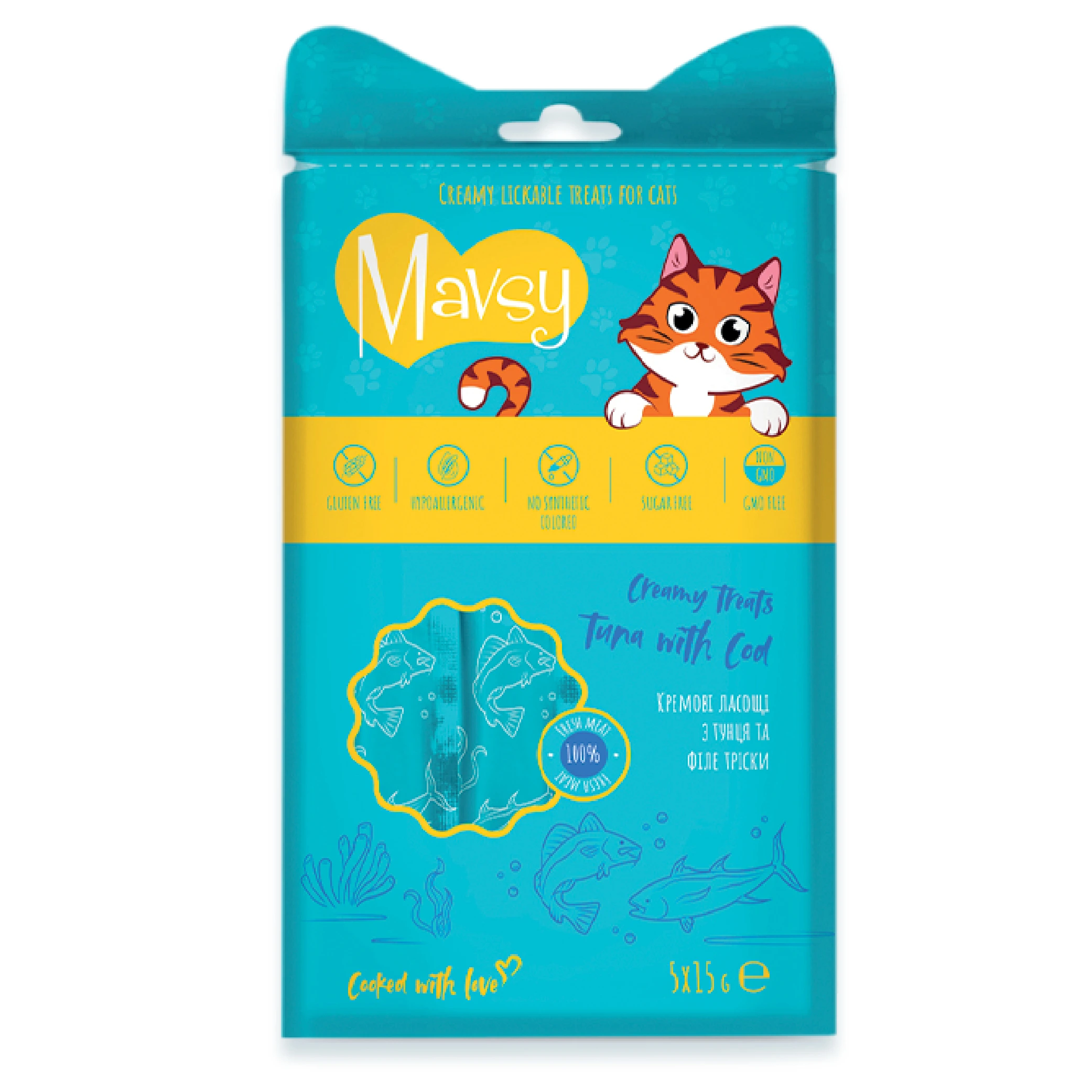 Кремові ласощі для котів Mavsy Creamy Treats Tuna with Cod 5*15г
