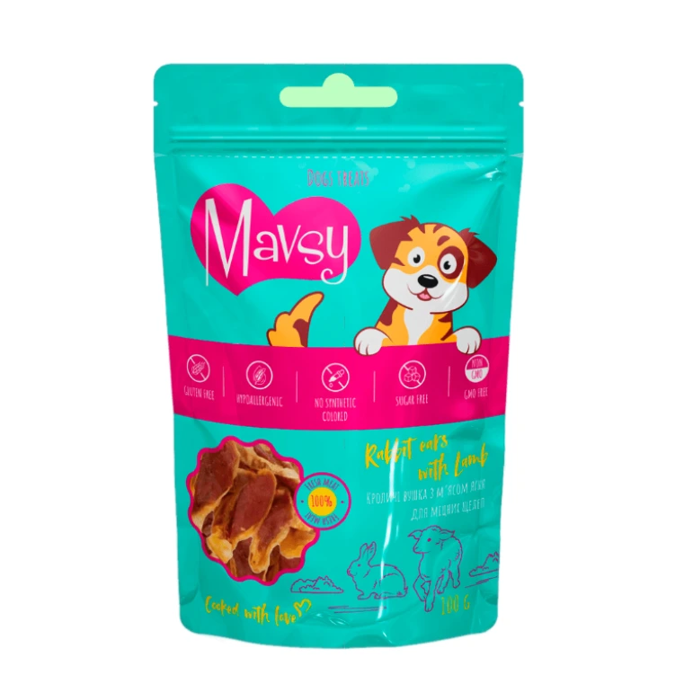 Ласощі для собак Mavsy Rabbit Ears with Lamb 100г