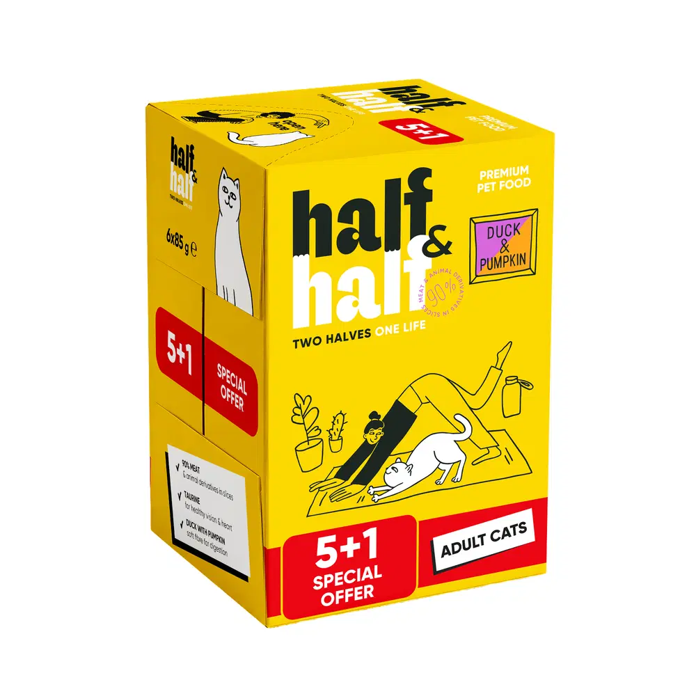 Набір "5+1" вологих кормів Half&Half для дороcлих котів з качкою та гарбузом в соусі 6 шт х 85 г
