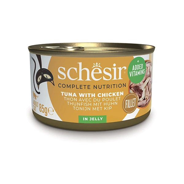 Schesir Tuna and Chicken ШЕЗІР ТУНЕЦЬ З КУРЯЧИМ ФІЛЕ в желе повнораціонний вологий корм консерви для котів, банка 85г