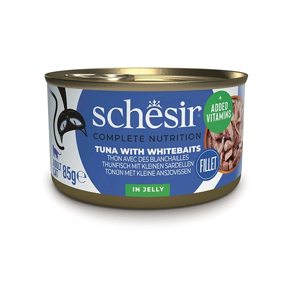 Schesir Tuna with Whitebaits ШЕЗІР ТУНЕЦЬ З АНЧОУСАМИ в желе повнораціонний вологий корм консерви для котів, банка 85г