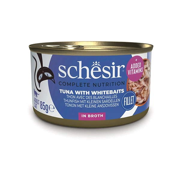 Schesir Tuna with Whitebaits ШЕЗІР ТУНЕЦЬ З АНЧОУСАМИ і рисом в бульйоні повнораціонний вологий корм консерви для котів, банка 85г