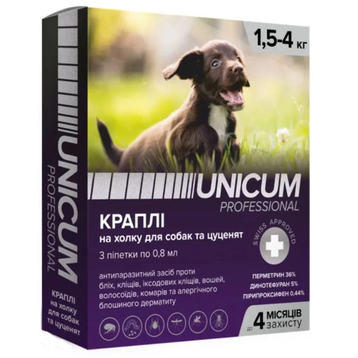 Краплі від паразитів для собак UNICUM PRO, від бліх, кліщів, комарів, 1,5-4 кг