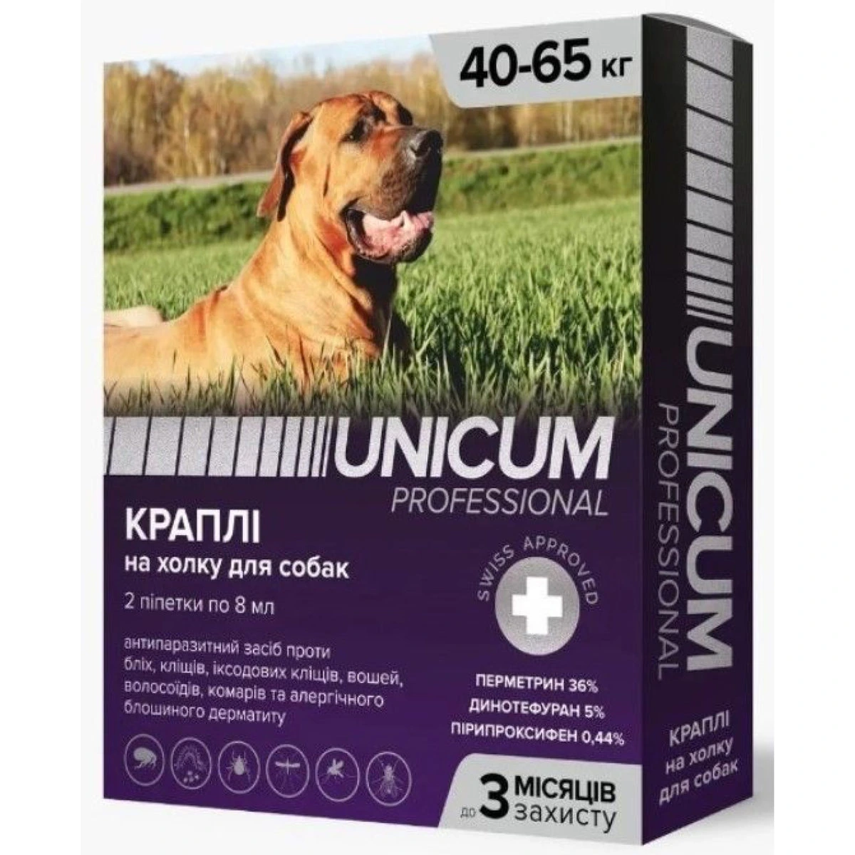 Краплі від паразитів для собак UNICUM PRO, від бліх, кліщів, комарів, 40-65 кг