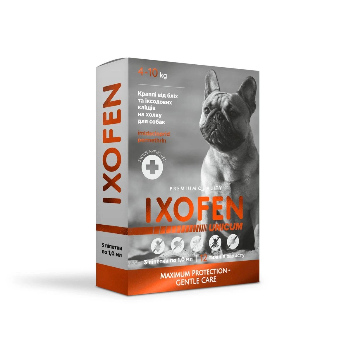Краплі IXOFEN проти іксодових кліщів, бліх та комарів для собак 4-10 кг (3 піп. по 1 мл.)
