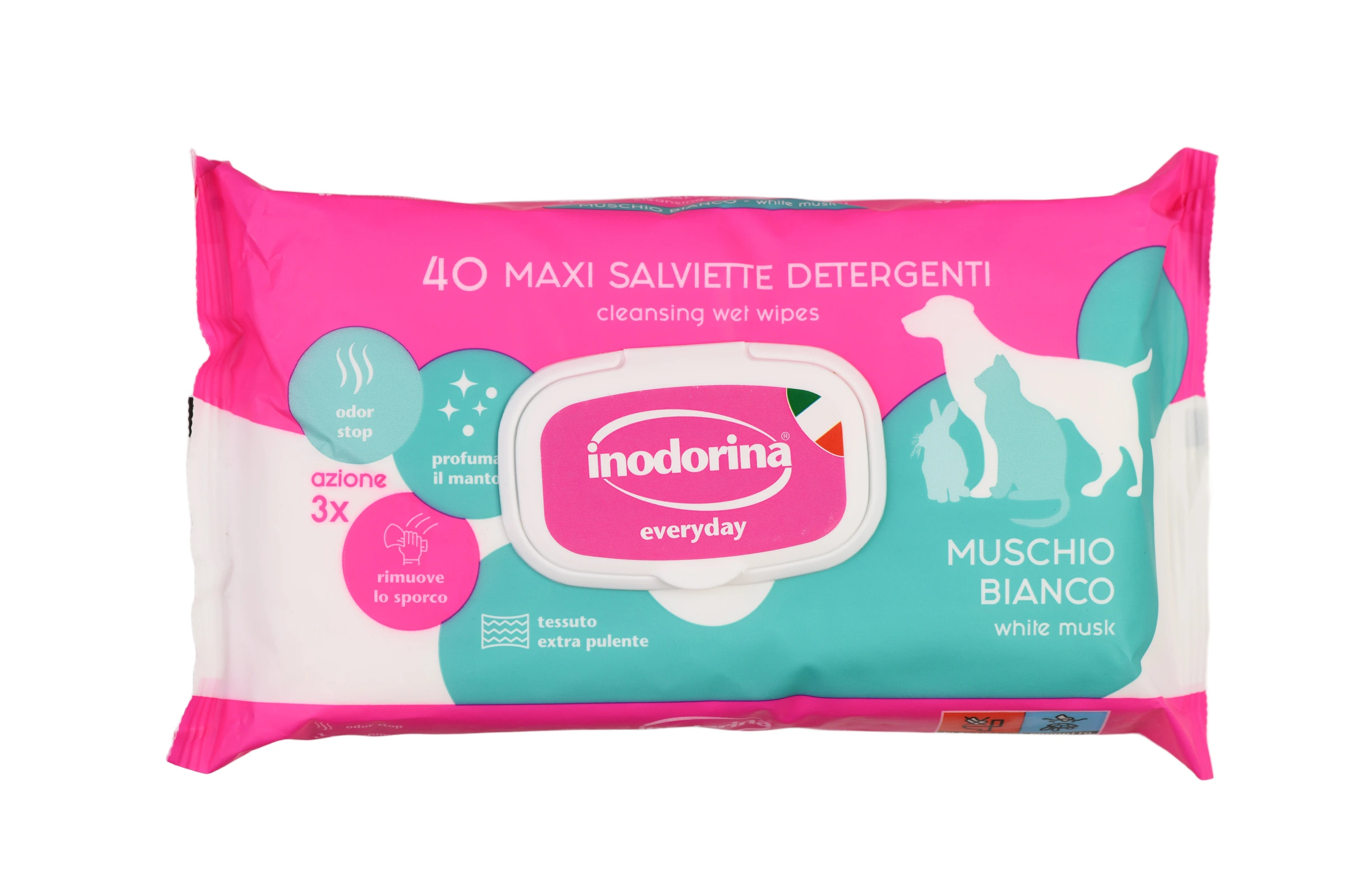Вологі серветки для котів та собак Inodorina Everyday, Білий мускус, 40 шт