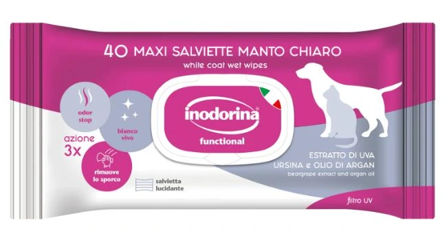 Вологі серветки для собак та котів Inodorina Functional Estratto Di Uva Ursina E Olio Di Argan, для білої шерсті, з аргановою олією та ароматом тіаре