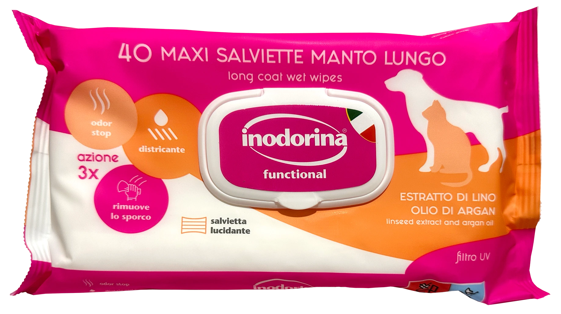 Вологі серветки для собак і котів Inodorina Functional Long Coat Liseed extract and Argan Oil, для довгошерстих