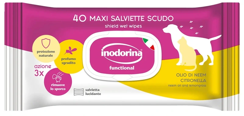Вологі серветки для собак та котів Inodorina Functional Neem Oil & Lemongras, з олією дерева Нім та лемонграсом, для захисту від кліщів та бліх