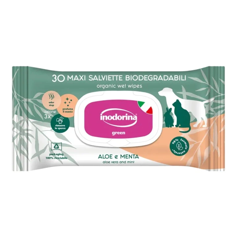 Вологі серветки для собак, котів та гризунів Inodorina Green Aloe Vera and Mint, з м'ятою та Алое Вера