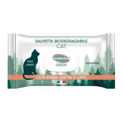 Вологі серветки для котів Inodorina Green Pantenolo, з котячою м'ятою та льоном, для довгої шерсті
