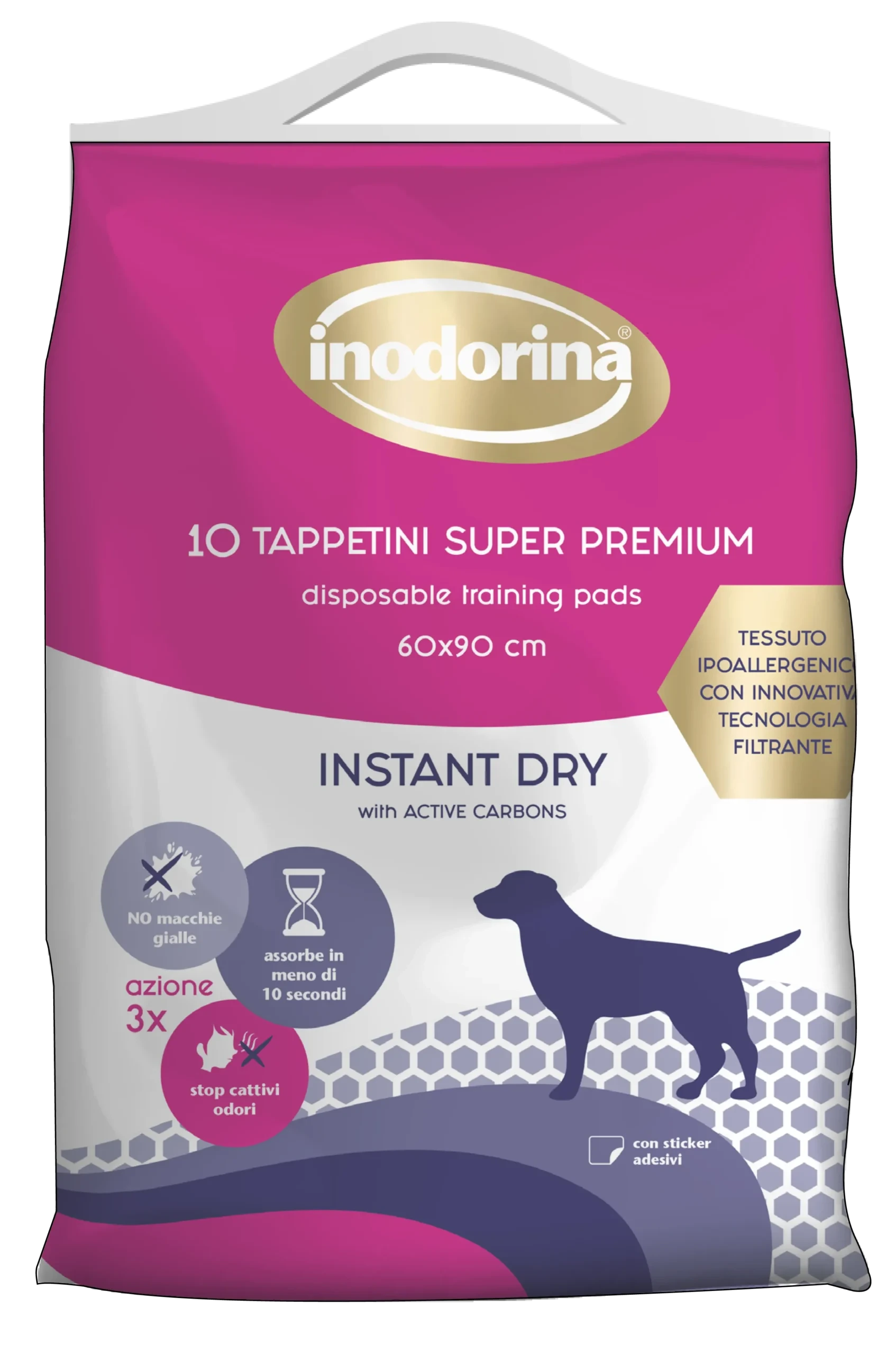 Пелюшки для собак Inodorina Training Pads Instant Dry, швидкопоглинаючі, з активованим вугіллям, 60х90 см, 10 шт